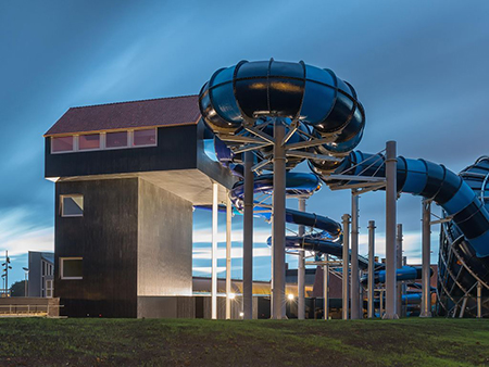 The spectacular slides of the swimming pool of the Hof van Saksen holiday park