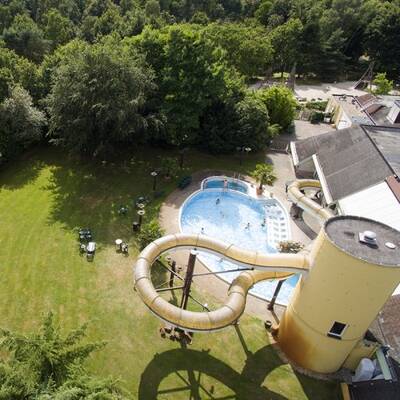 Aerial view of the outdoor pool in the Aqua Mundo of Center Parcs Limburgse Peel