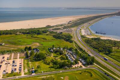 Aerial view of Holiday Park Fort den Haak and the North Sea beach