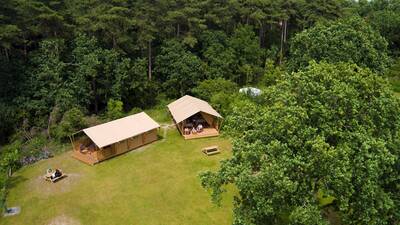 Aerial photo with safari tents of holiday park Landal Gooise Heide