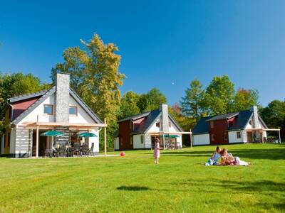 Lawn with a family in front of a few holiday homes at the Landal Hochwald holiday park