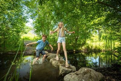 Children play on stones in the water in the nature playground at Landal Klein Oisterwijk
