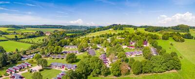 Aerial view of holiday park Roompot Bungalowpark Schin op Geul in the hills of South Limburg