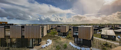 Aerial view of holiday homes in the dunes at the Roompot Zandvoort holiday park