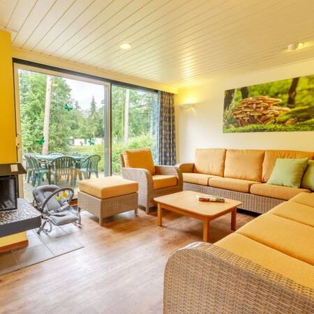 Living room with fireplace of a holiday home at Center Parcs De Kempervennen