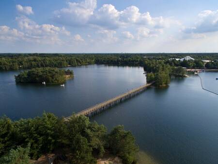 Aerial view of Center Parcs De Vossemeren with the park lake and walkway