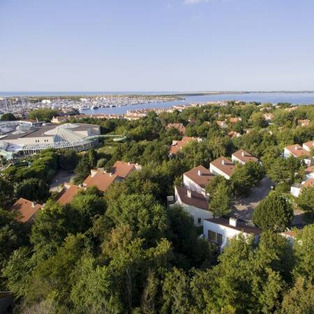 Aerial view of Center Parcs Port Zélande with holiday homes and the Grevelingenmeer