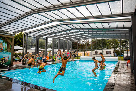 Children jump into the swimming pool with sliding roof at De Witte Berg