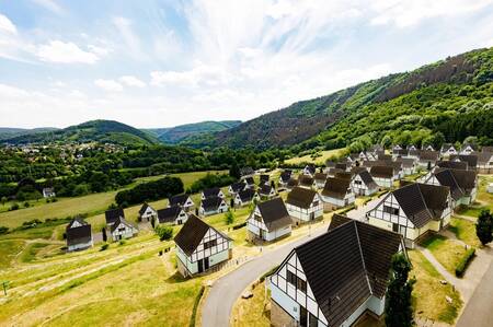 Aerial view of holiday homes on the Dormio Eifeler Tor holiday park in the hills of the Eifel
