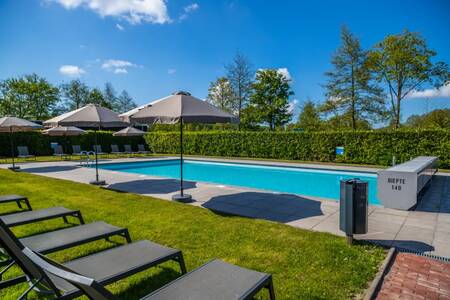 Sun loungers by the outdoor swimming pool of the EuroParcs Buitenhuizen holiday park