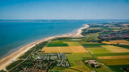 Aerial view of the EuroParcs Cadzand holiday park, the North Sea and the Zeeland beach