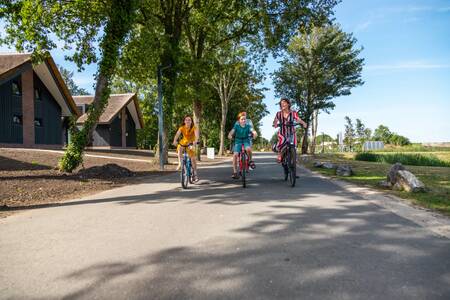 Family cycles past holiday homes at holiday park EuroParcs De IJssel Eilanden