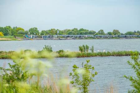 Chalets at the EuroParcs Markermeer holiday park seen from the Markermeer