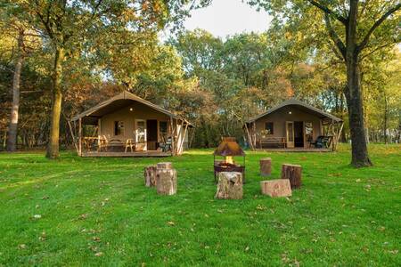 Glamping tents on a field with a cozy fire pit at the EuroParcs Ruinen holiday park