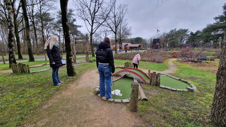 Family playing golf on the mini golf course at EuroParcs Ruinen holiday park