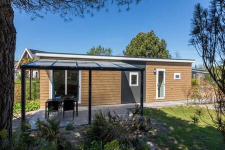 Detached chalet with roof and garden furniture at the Fort den Haak holiday park