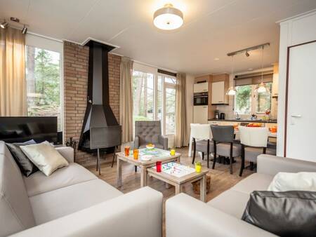 Living room with fireplace of a holiday home at Landal Coldenhove holiday park