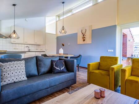 Sitting area, dining area and kitchen of a holiday home at Landal Landgoed Aerwinkel