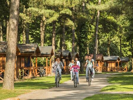 A family cycles in front of chalets at the Landal Mooi Zutendaal holiday park