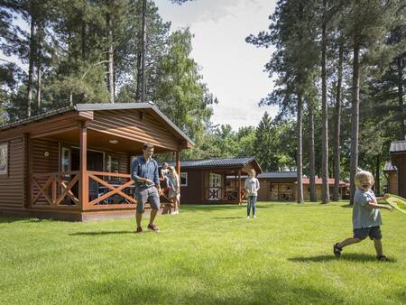 Family plays on the lawn at chalets at Landal Mooi Zutendaal holiday park