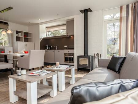 Living room with fireplace of a holiday home at Landal Twenhaarsveld holiday park