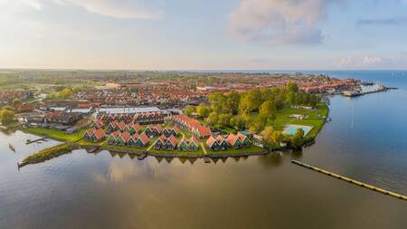 Aerial view of holiday park Landal Waterpark Volendam and the Markermeer