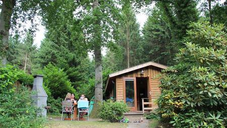 Family in the garden of holiday home type "'t Bos huus" at holiday park Park Landgoed Molecaten