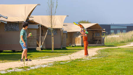 Field with Safari tents at Molecaten Park Waterdunen holiday park