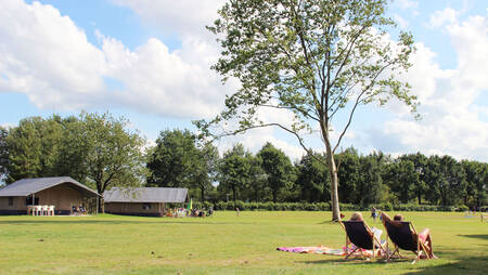 People on sun loungers on a field with safari tents at holiday park Molecaten het Landschap
