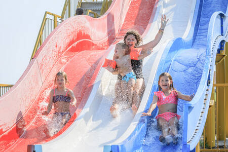 The family slides down a wide slide in the outdoor pool of holiday park RCN de Schotsman