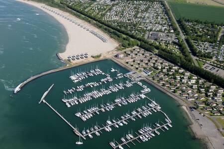 Aerial view of the Roompot Beach Resort holiday park and the marina
