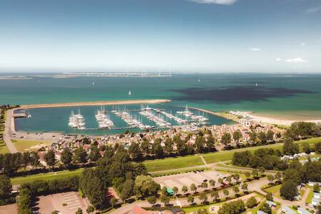 Aerial view of the marina, the Roompot Beach Resort holiday park and the Oosterschelde
