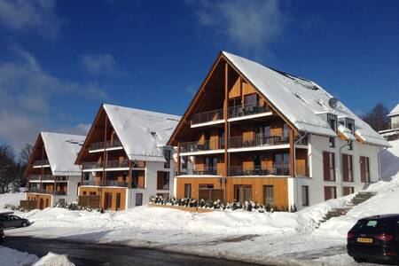 Apartment buildings in the snow at Roompot Bergresort Winterberg