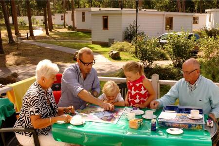 People eat outside at a chalet at the Roompot Bospark 't Wolfsven holiday park