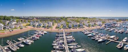 Aerial view of the marina and holiday homes at the Roompot Cape Helius holiday park