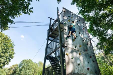 Boy climbing on the climbing tower of holiday park Roompot Hunzepark