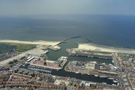 Aerial view of Roompot Nautical Center Scheveningen on the North Sea