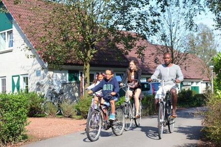 Family cycles in front of holiday homes at Roompot Holiday Park Hellendoorn