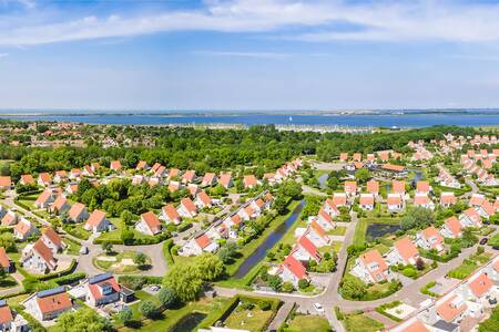 Aerial view of the Roompot Zeeland Village holiday park and the Grevelingenmeer