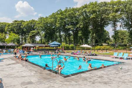 People swimming in the outdoor pool of the Topparken Landgoed de Scheleberg holiday park