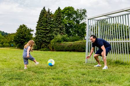 Father and daughter play on the playing field of the Topparken Résidence Valkenburg holiday park