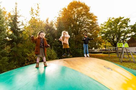 Children jump on the air trampoline in the playground of holiday park Villapark Hof van Salland