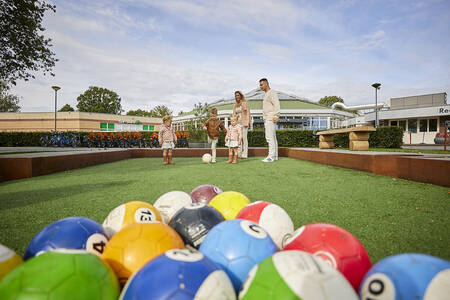 Family playing a game of billiards and football at the Buitenhof de Leistert holiday park